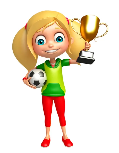 Enfant fille avec la coupe gagnante et le football — Photo