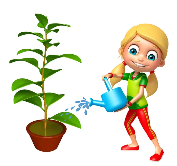 Kid girl with Watering can and plant — Stock Photo, Image