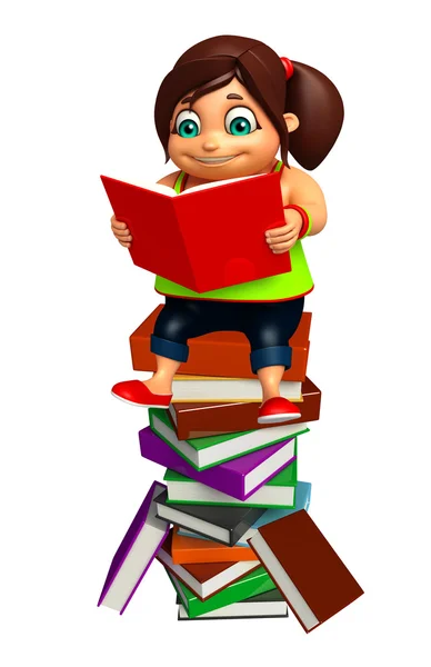 Kid girl with  book stack — Stock Photo, Image