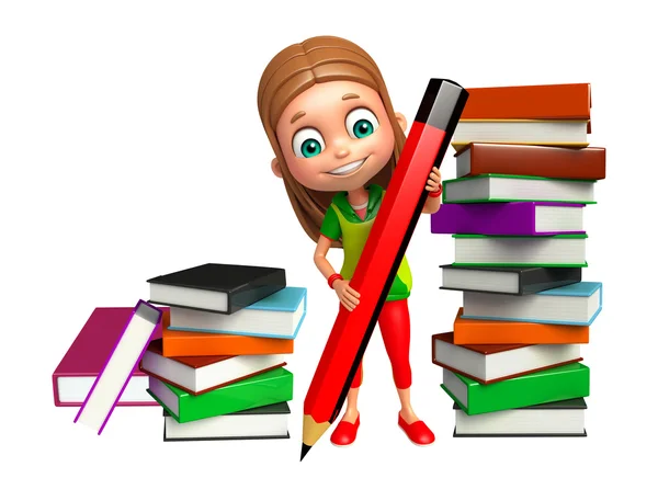 Kid girl with Book stack and pencil — Stock Photo, Image