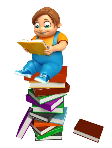 Jongen jongen met boek stack — Stockfoto