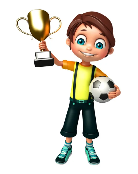 Dítě chlapec s fotbal & vítězný pohár — Stock fotografie