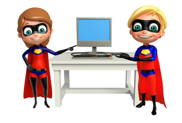 Superboy e Supergirl com Computador — Fotografia de Stock