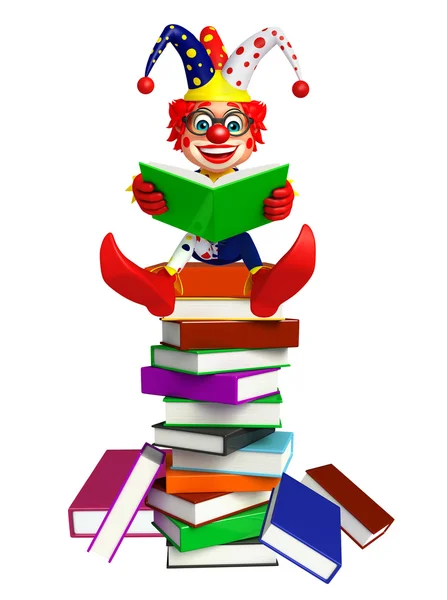 Clown met boek stack — Stockfoto