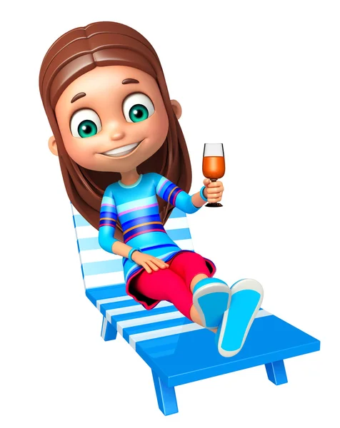 Enfant fille avec chaise de plage et verre de jus — Photo
