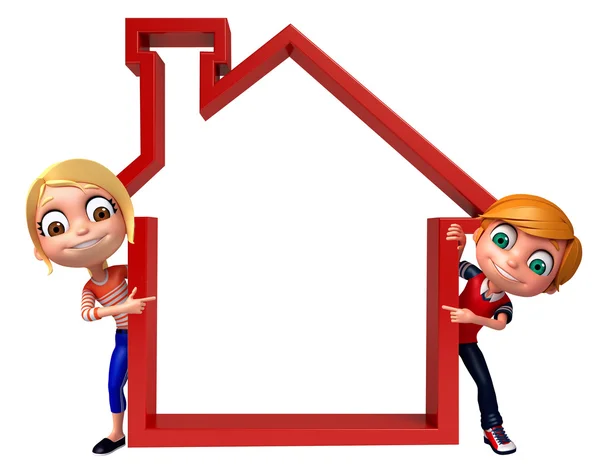 Kid girl and kid boy with Home sign — Stock Photo, Image