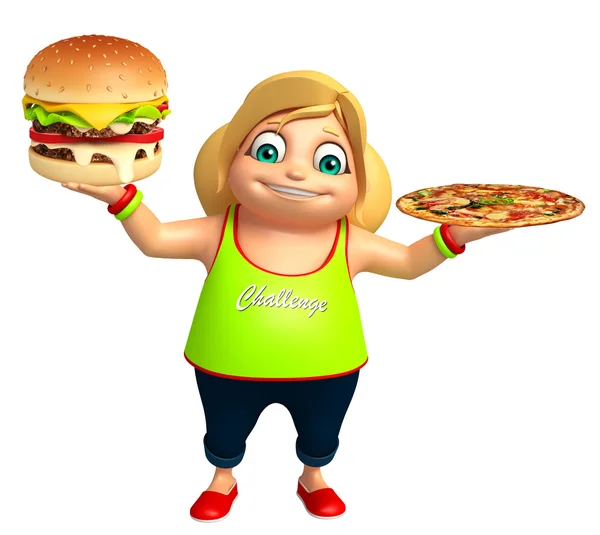 kid girl with  Burger & Pizza