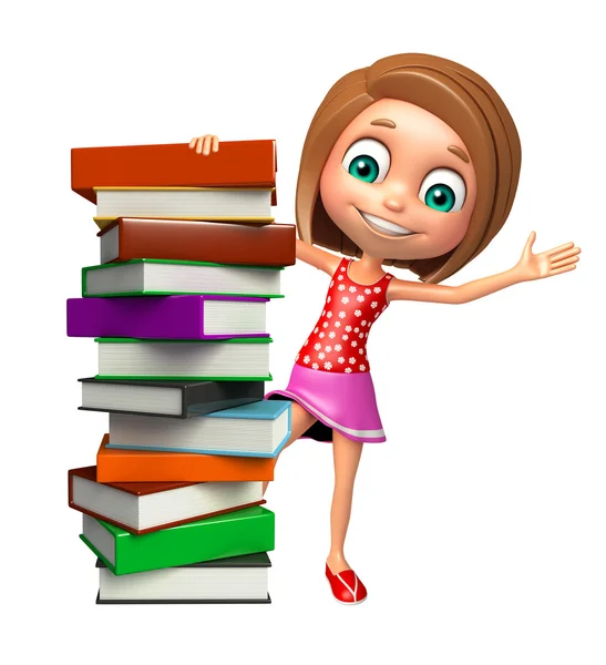 Enfant fille avec pile de livres — Photo