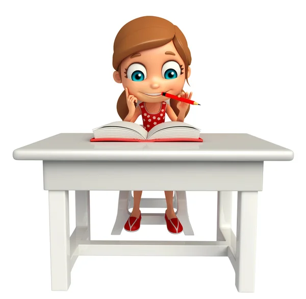 Dziecko dziewczynka z tabeli krzesło książka — Zdjęcie stockowe