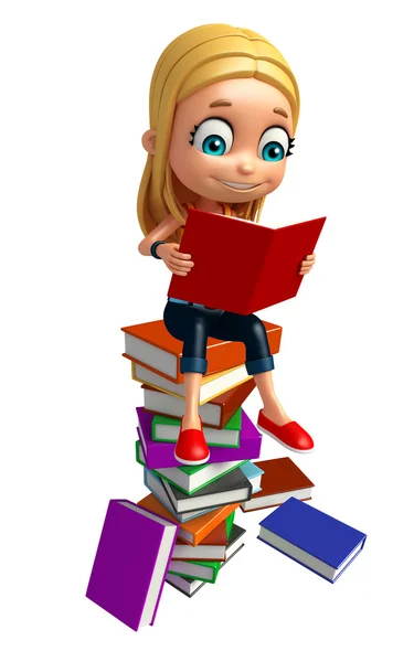 Kid girl with Book stack — Stock Photo, Image