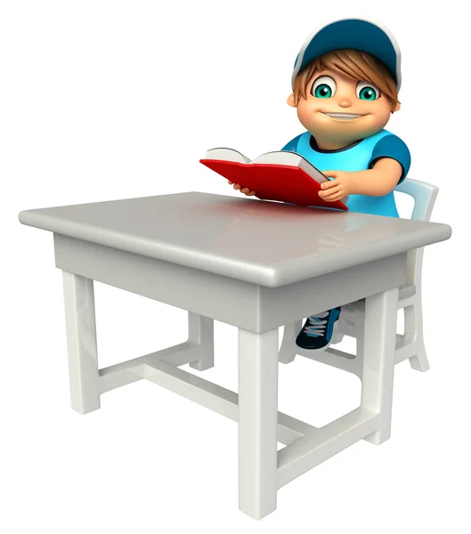 Kid boy med bord stol bok — Stockfoto