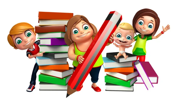 Kluk holka, kluk kluk a roztomilé dítě s Stoh knih a tužka — Stock fotografie