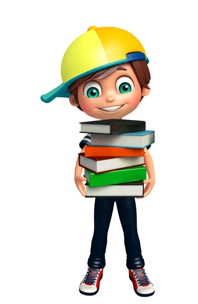 Jongen jongen met boek stack — Stockfoto