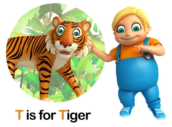 Kid boy pekar Tiger — Stockfoto