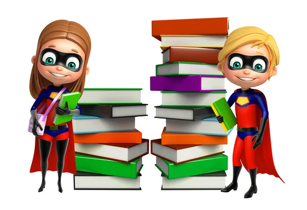 Superboy en Supergirl met boek stack schooltas — Stockfoto