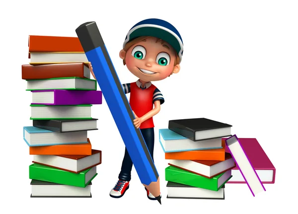 Kid boy with Book stack and pencil — Stock Photo, Image