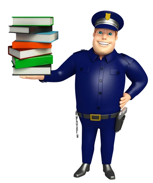 Polícia com pilha de livros — Fotografia de Stock