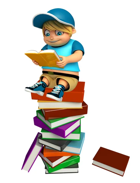 Jongen jongen met boek stack — Stockfoto