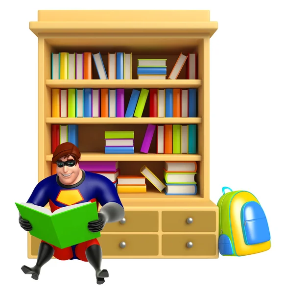 Superheld mit Bücherregalen & Schultasche, Buch — Stockfoto