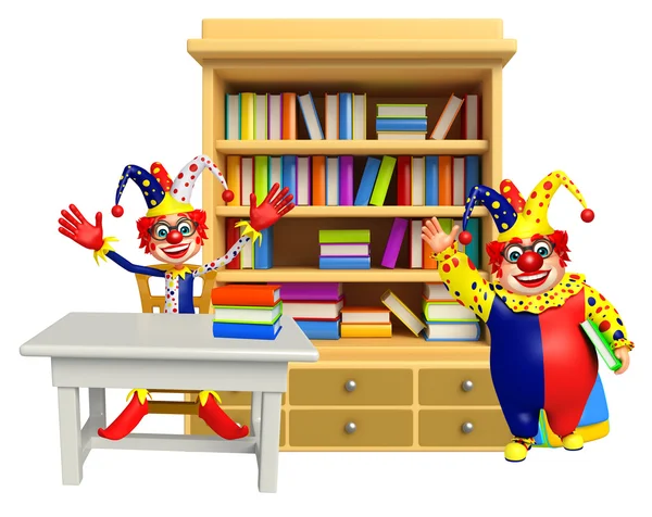 Clown met boekenplanken & tafel, stoel — Stockfoto