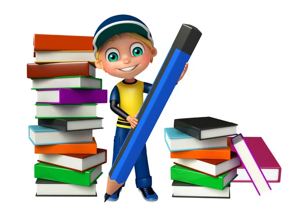 Niño con pila de libros y lápiz —  Fotos de Stock