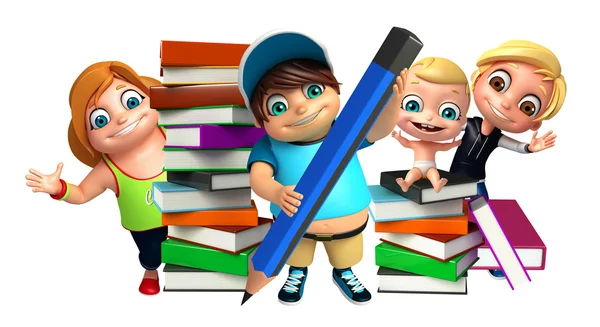 Девочка, мальчик и милый ребенок со стопкой книг и карандашом — стоковое фото