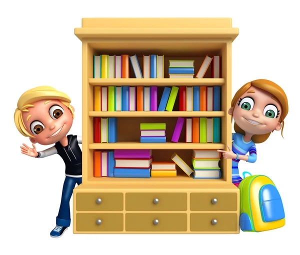 Niño y niña con estantes de libros — Foto de Stock