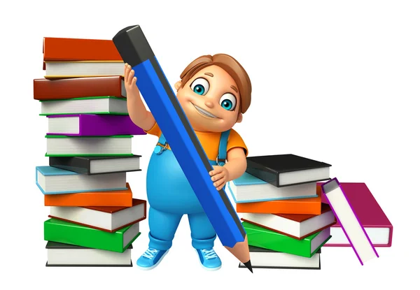 Niño con pila de libros y lápiz — Foto de Stock