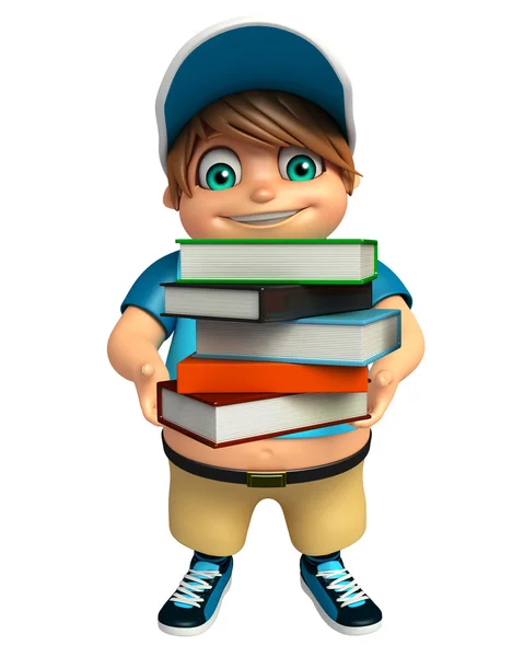 Jongen jongen met boek stack — Stockfoto