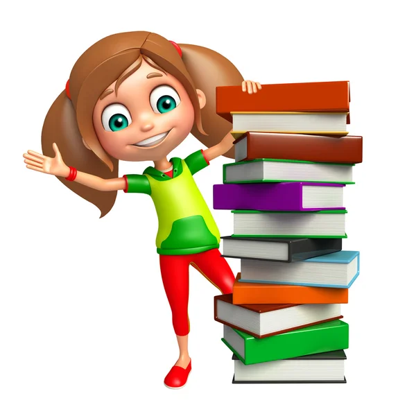 Menina criança com pilha de livro — Fotografia de Stock