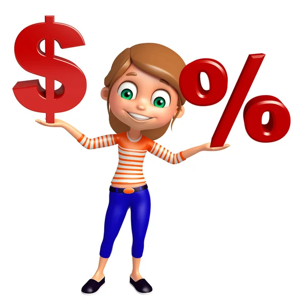 Kid girl with Doller sign and Percentage sign — Stock Photo, Image