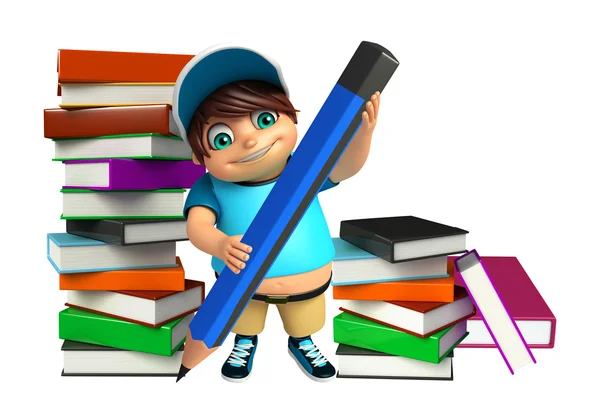 Мальчик со стопкой книг и карандашом — стоковое фото