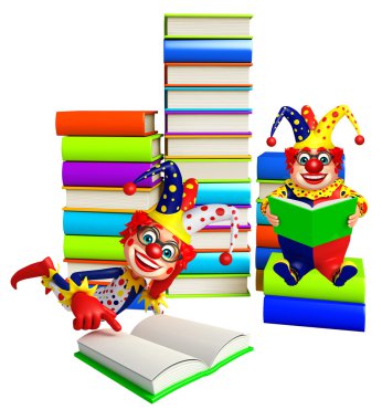 Kitap yığını ve kitap ile palyaço