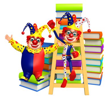 Kitap yığını ve merdiven ile palyaço