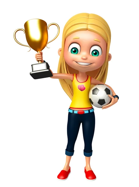 Kid meisje met het winnen van de cup en voetbal — Stockfoto