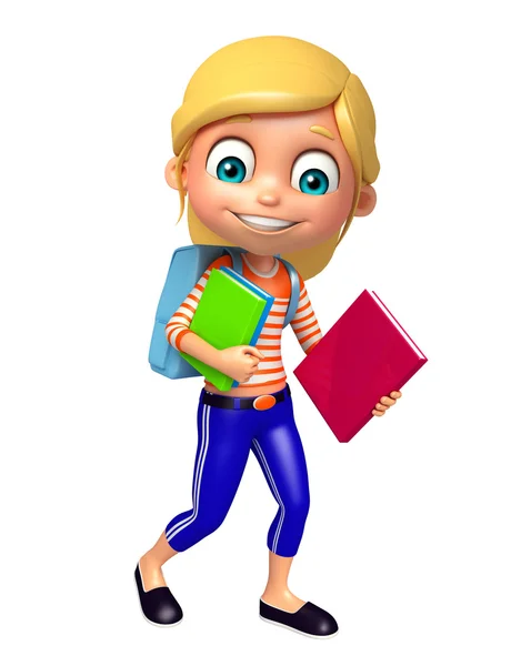 Kid girl with School bag and books — Stock Photo, Image