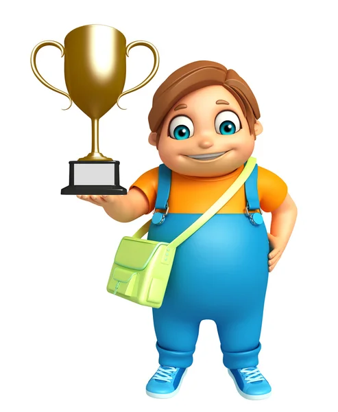 Kid pojke med skolväska & vinnande Cup — Stockfoto