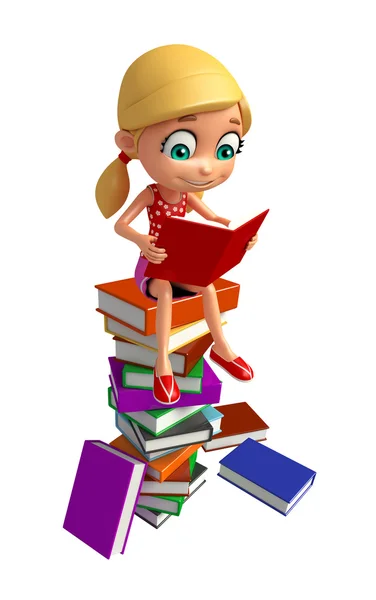 Dziecko dziewczynka z książki stosu — Zdjęcie stockowe