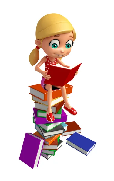 Kid girl with Book stack — Stock Photo, Image