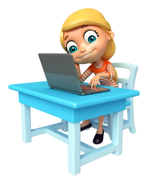 孩子们与桌子椅子和笔记本电脑的女孩 — 图库照片
