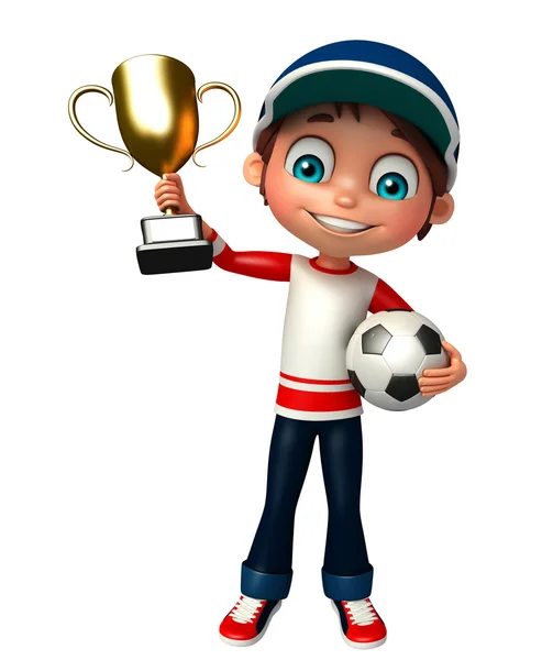 Kid boy with football & winning cup — Stock Photo, Image