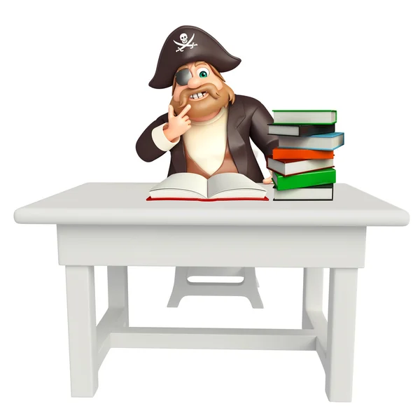 Pirat z tabeli & krzesło, książki, książki stosu — Zdjęcie stockowe