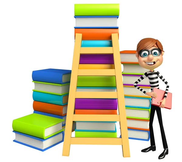 Dief met boek stapel & ladder — Stockfoto