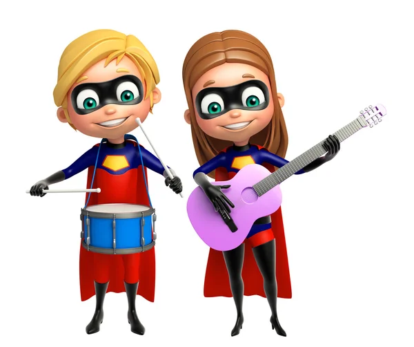 Superboy και Supergirl με τύμπανο gitar — Φωτογραφία Αρχείου