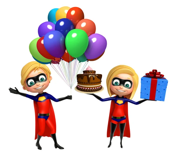 Superboy e Supergirl com Balões bolo caixa de presente — Fotografia de Stock