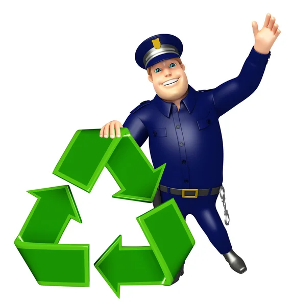 Polícia com placa de reciclagem — Fotografia de Stock