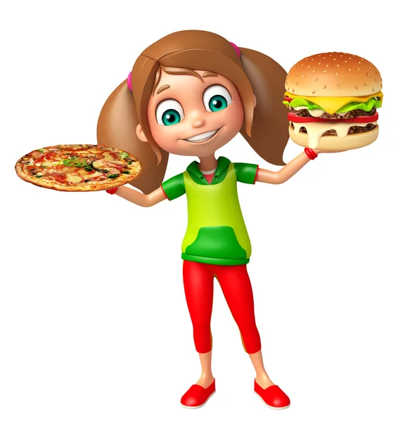 Menina com hambúrguer e pizza — Fotografia de Stock