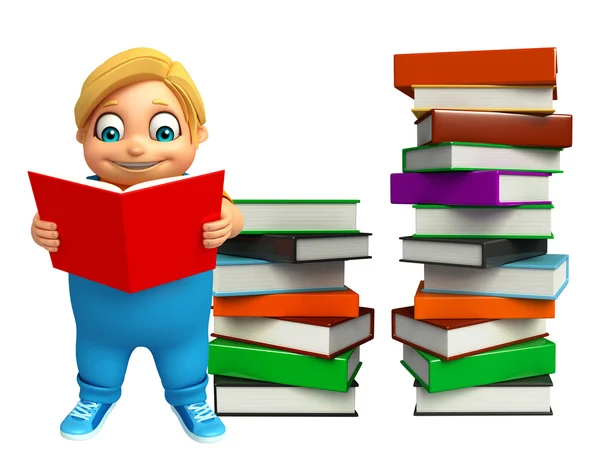 Niño con pila del libro y libro — Foto de Stock