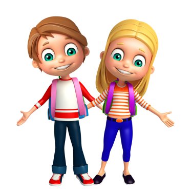 Çocuk erkek ve çocuk kız okul çantası ile