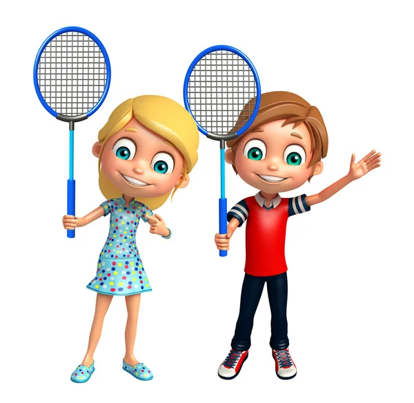 Kid boy e Kid girl com Badminton — Fotografia de Stock